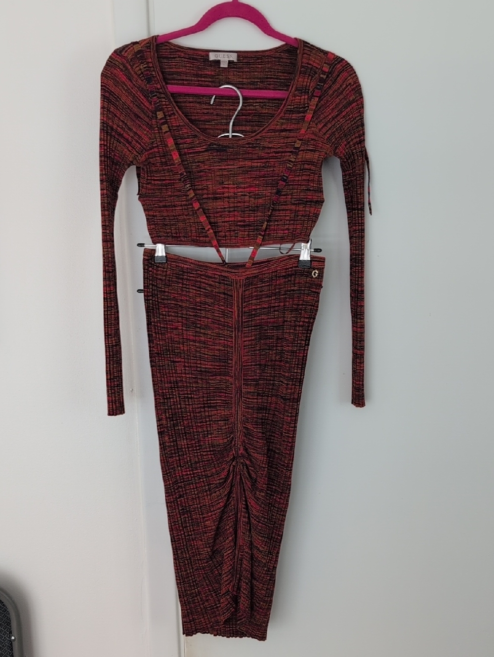 Women's Ruched Knit Two-Piece Dress Set in Red-Black